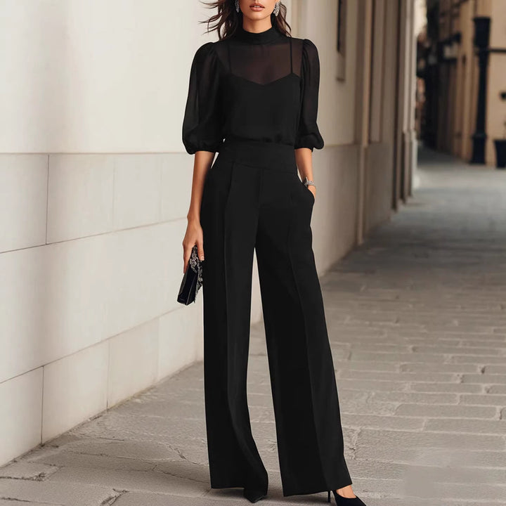 Damen elegantes Blusenset mit weiten Beinen und transparenten Ärmeln Drune