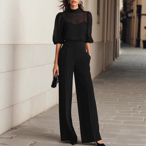 Damen elegantes Blusenset mit weiten Beinen und transparenten Ärmeln Drune