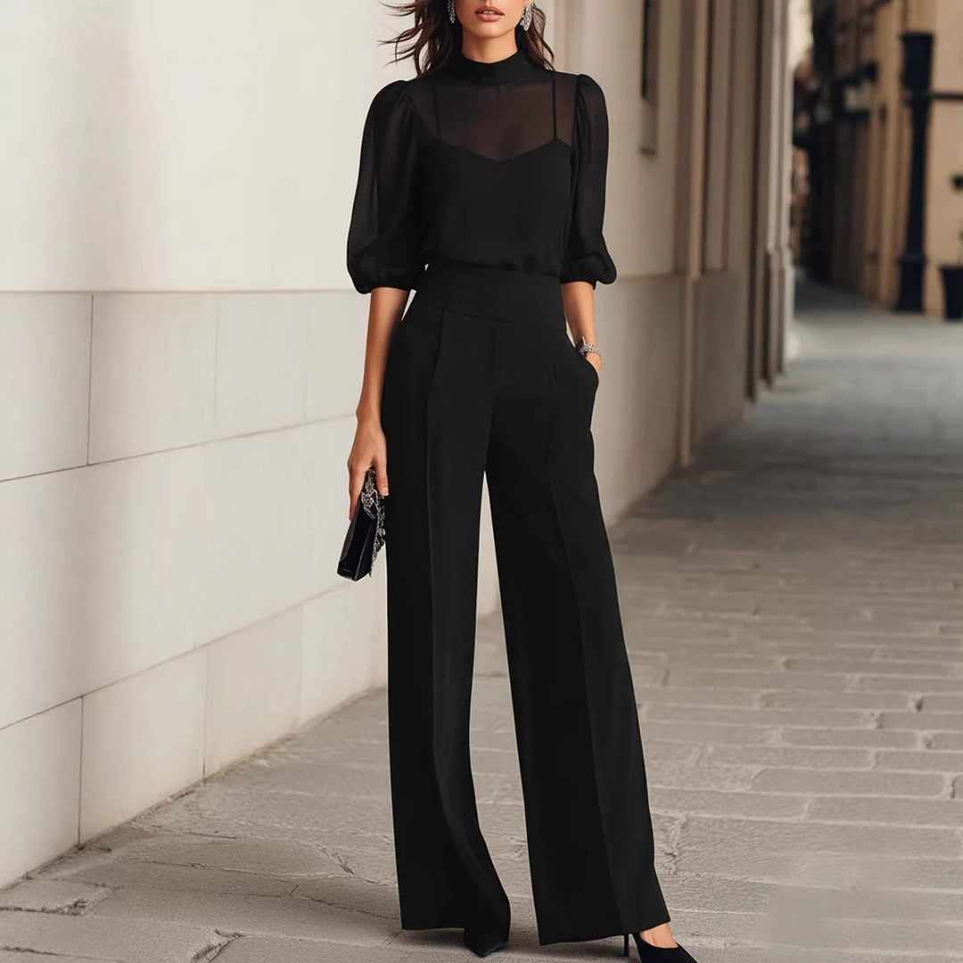 Damen elegantes Blusenset mit weiten Beinen und transparenten Ärmeln Drune