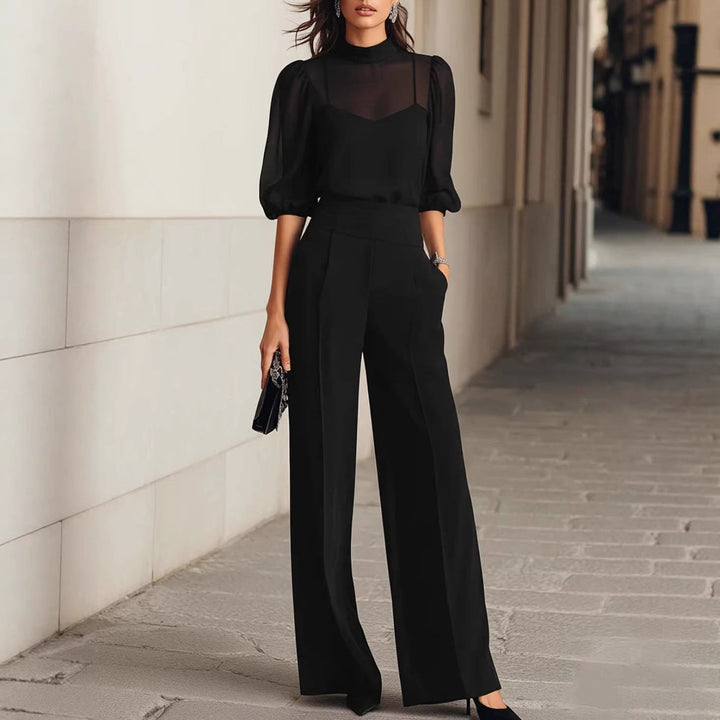 Damen elegantes Blusenset mit weiten Beinen und transparenten Ärmeln Drune