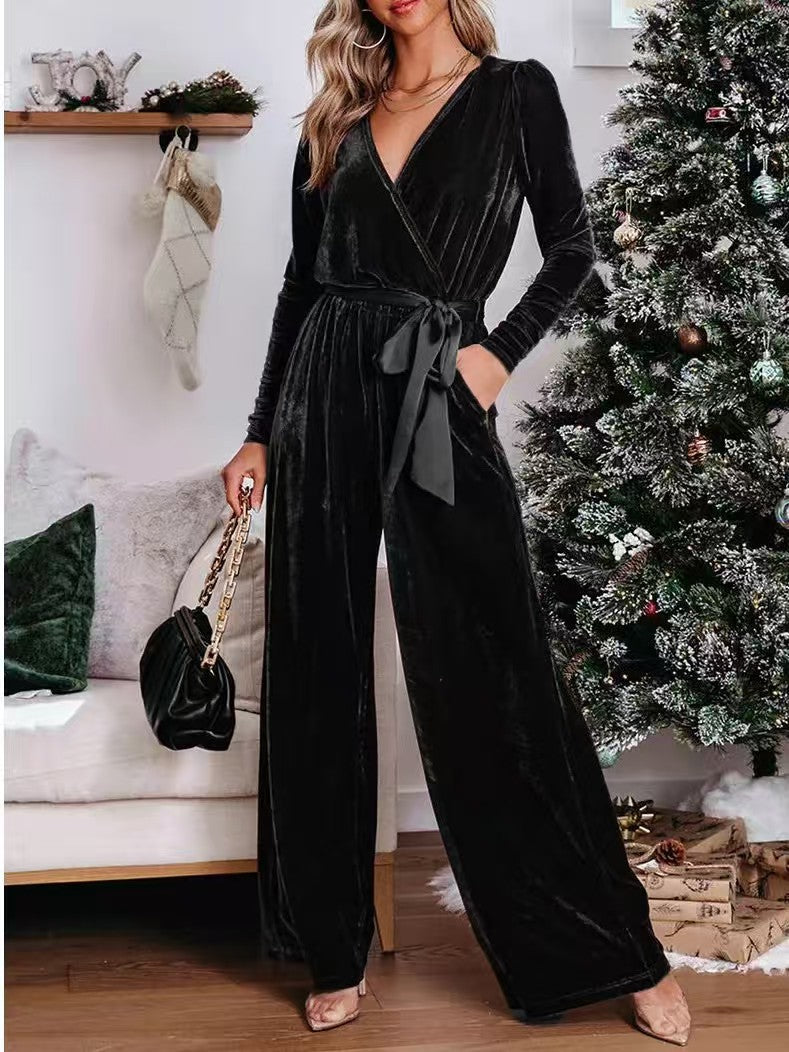 Damen Samt‑Jumpsuit mit Wickel‑V‑Ausschnitt, weitem Bein und Taillengürtel Drune