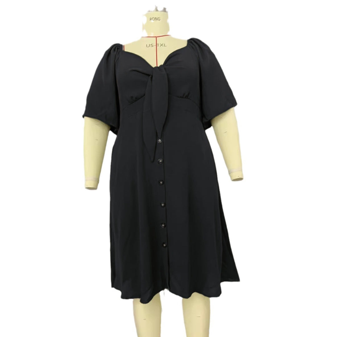 Damen A-Linien Midikleid mit Knoten-Detail, Puffärmeln und Knopfleiste Drune