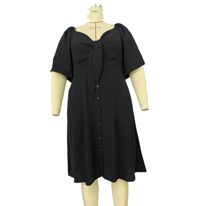 Damen A-Linien Midikleid mit Knoten-Detail, Puffärmeln und Knopfleiste Drune