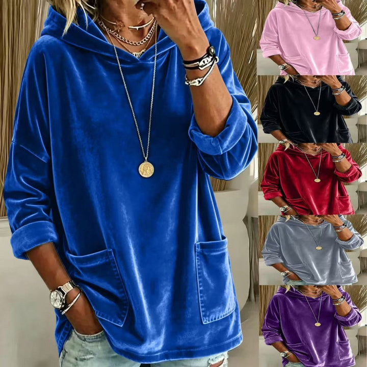 Damen Samt-Hoodie mit Kapuze, Oversize-Schnitt und aufgesetzten Taschen Drune
