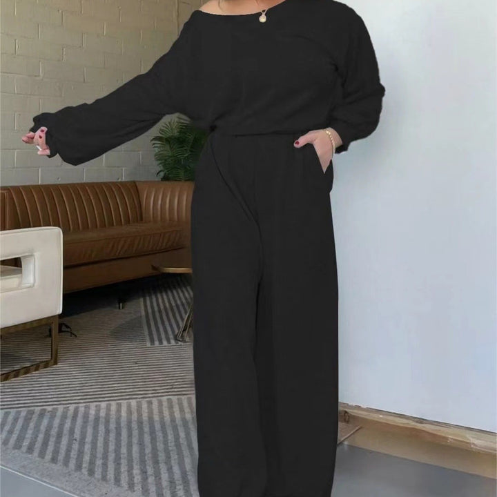 Damen Komfortabler Jumpsuit mit weit geschnittenen Beinen und tiefem Ausschnitt Drune