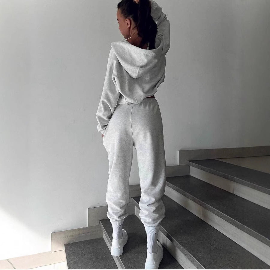 Damen kurzes Reißverschluss-Hoodie mit elastischem Bund und High-Waist Jogginghose aus Baumwollmix Drune