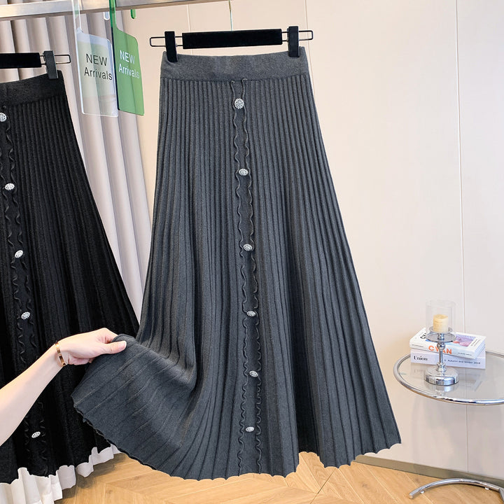 Damen Eleganter plissierter Maxirock mit Knopfdetails Drune