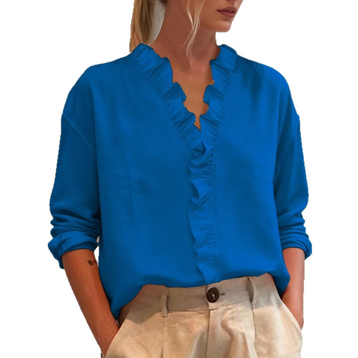 Damen Elegante V-Ausschnitt Bluse mit Volantbesatz und lockerem Oversize-Schnitt Drune