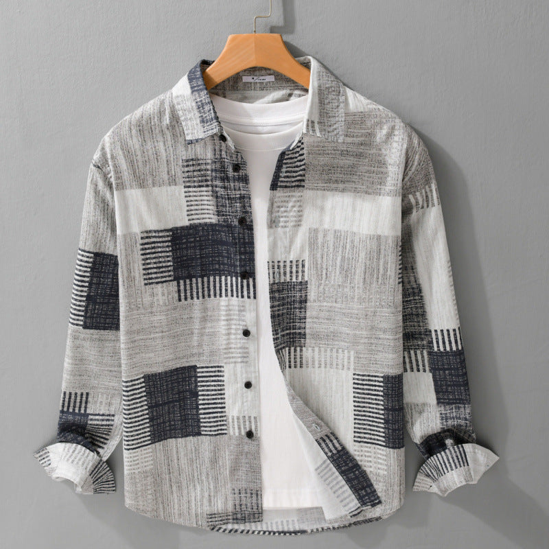 Herren Gemustertes Langarm-Hemd im Patchwork-Look aus leichtem Baumwollmix Relaxed Fit Drune