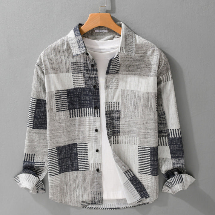 Herren Gemustertes Langarm-Hemd im Patchwork-Look aus leichtem Baumwollmix Relaxed Fit Drune
