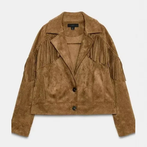 Damen Cropped Velours-Fransenjacke mit Reverskragen Drune
