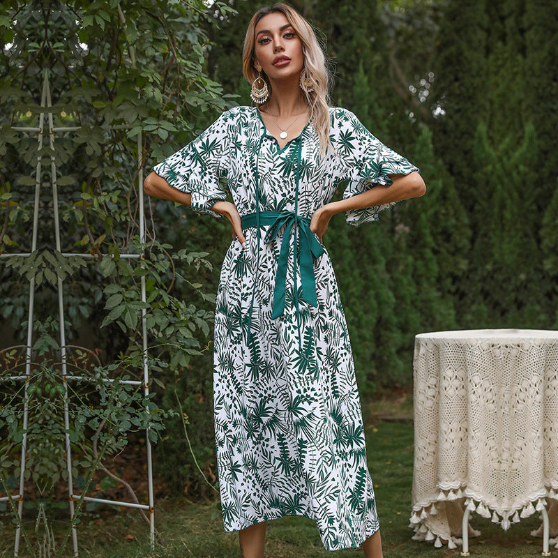 Damen Viskose-Midikleid im Monochrom-Blattform mit Bindegürtel & Flatterärmeln Drune