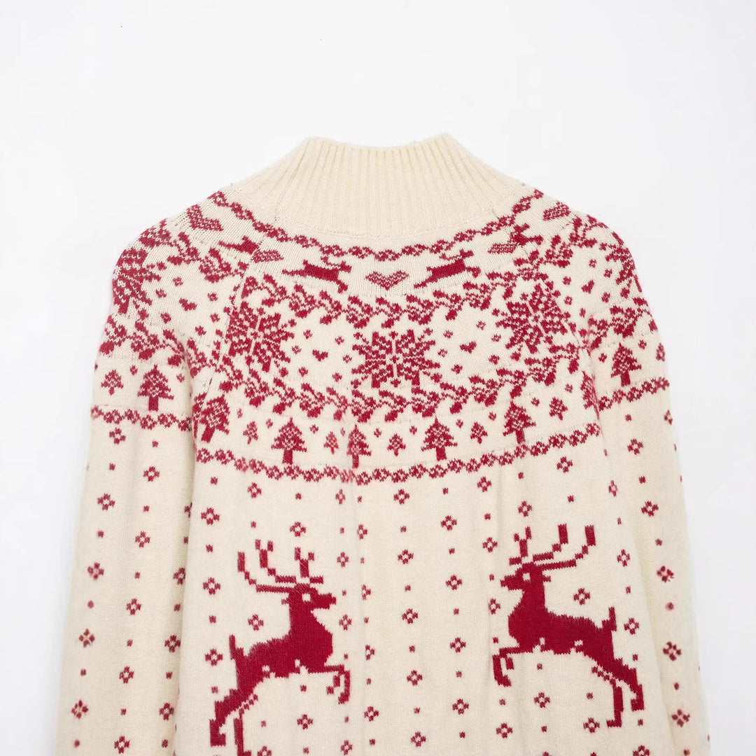 Damen kurzer Norwegerstrickpullover mit hohem Rippkragen und Rentiermotiv Drune