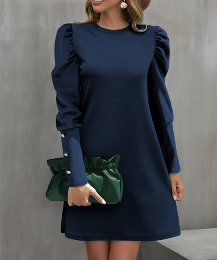 Damen Elegantes A-Linien-Minikleid mit betonten Puffärmeln und Perlenknopf-Ärmelmanschetten Drune