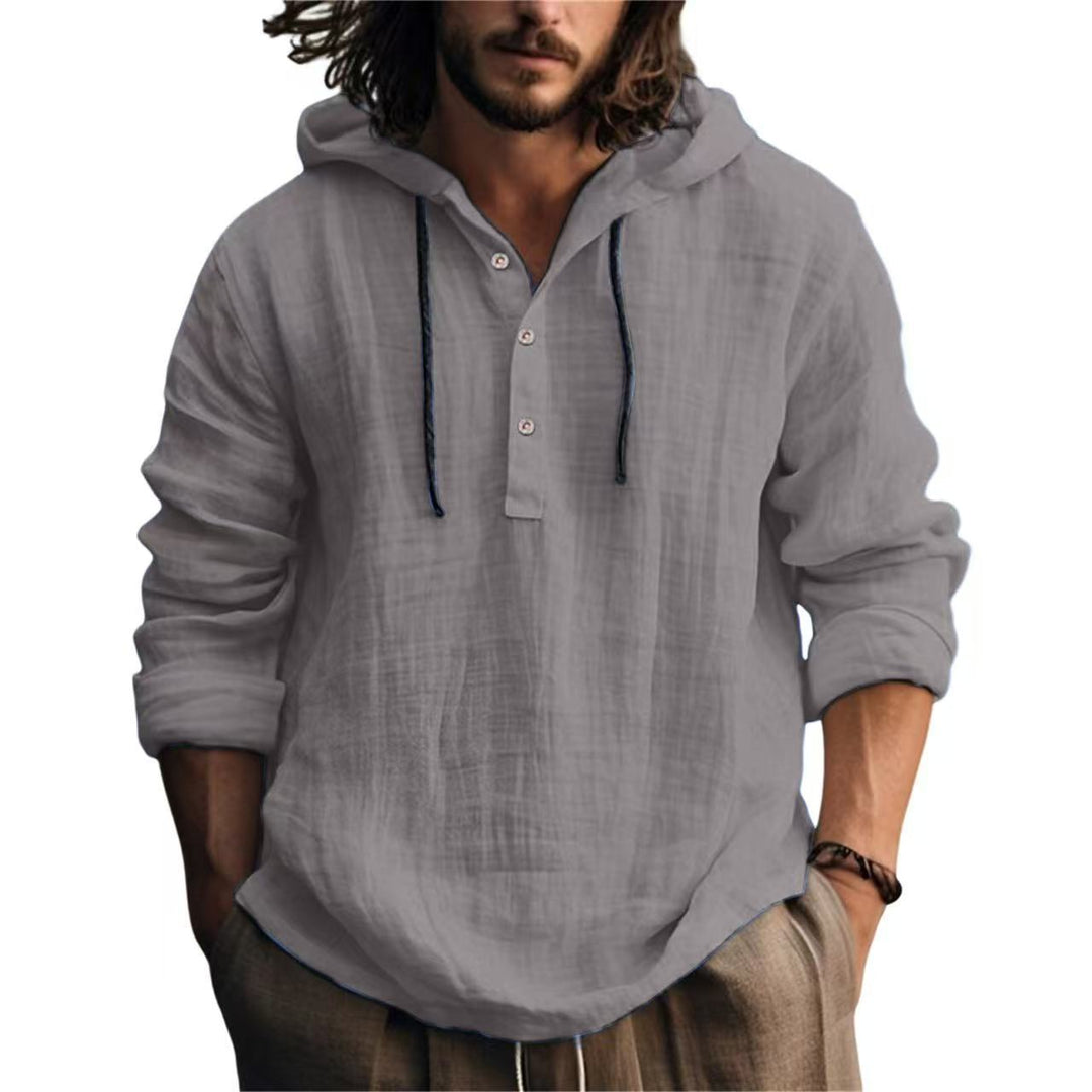 Herren Leichtes Kapuzenhemd im Leinenlook mit Henley-Knopfleiste Drune