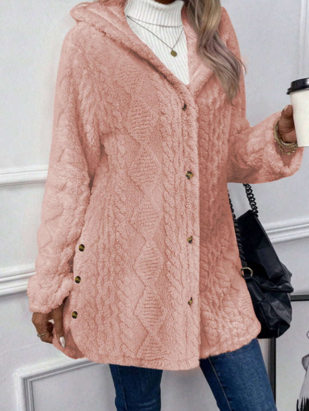 Damen Oversize Strickmantel mit Kapuze, Jacquard‑Struktur und Knopfleiste Drune