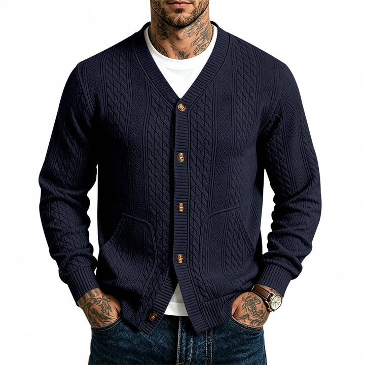Herren strukturierter Strickcardigan mit Zopfmuster, V-Ausschnitt und aufgesetzten Taschen Drune