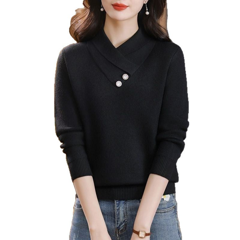 Damen eleganter Strickpullover mit schickem V-Ausschnitt und dekorativen Knopfdetails Drune