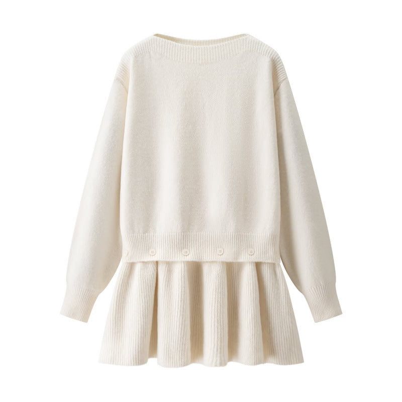 Damen Strickkleid mit angesetztem Volantrock und dekorativer Knopfleiste Drune