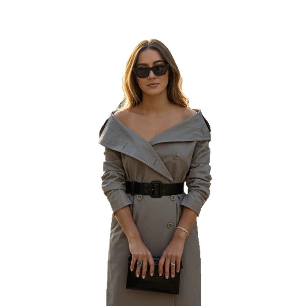Damen Off-Shoulder Trenchkleid mit doppelreihiger Knopfleiste und tailliertem Lackgürtel Drune