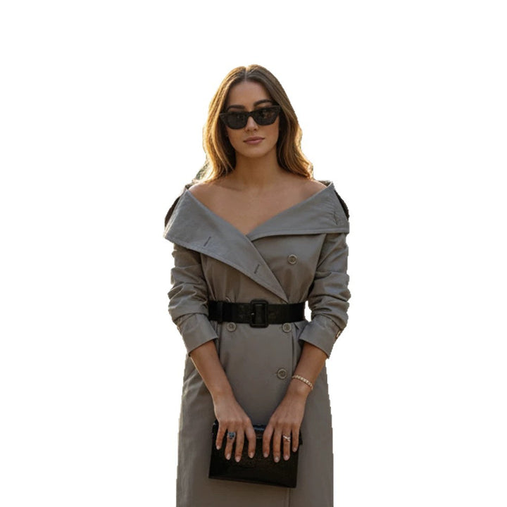 Damen Off-Shoulder Trenchkleid mit doppelreihiger Knopfleiste und tailliertem Lackgürtel Drune