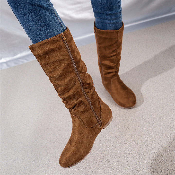 Damen Slouch-Stiefel mit flachem Absatz, seitlichem Reißverschluss und weichem Velours Drune