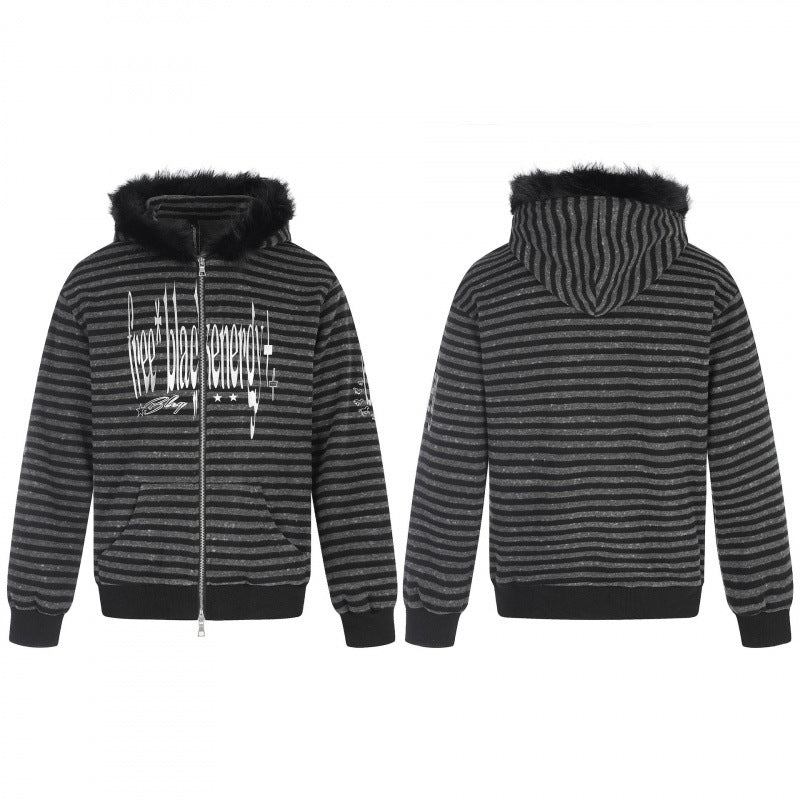 Unisex Gestreifte Kapuzen-Zipjacke mit Kunstfellkapuze und Statement-Frontprint Drune