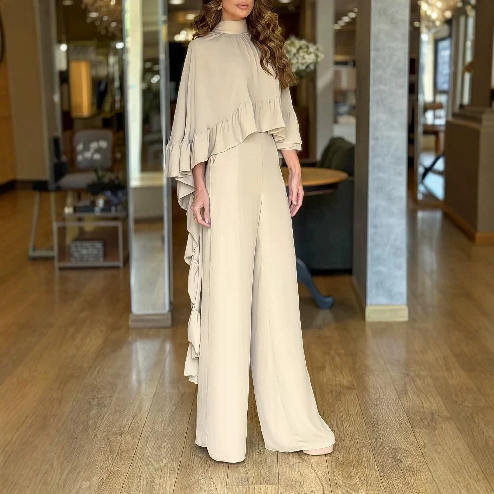 Damen Eleganter Overall mit Cape-Volant und weitem Palazzohosenbein Drune