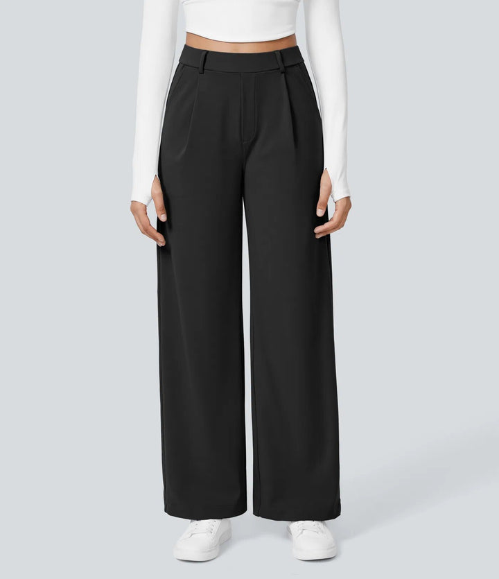 Damen Weite High‑Waist Palazzo‑Hose mit Bundfalten und Eingrifftaschen Drune