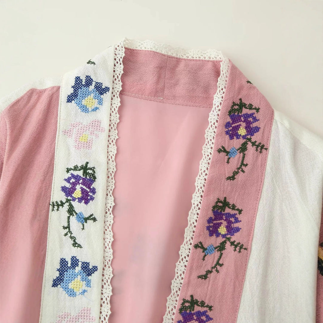 Damen nan bestickte Kimono-Cardigan mit offener Front, Spitzenbesatz und floraler Stickerei Drune