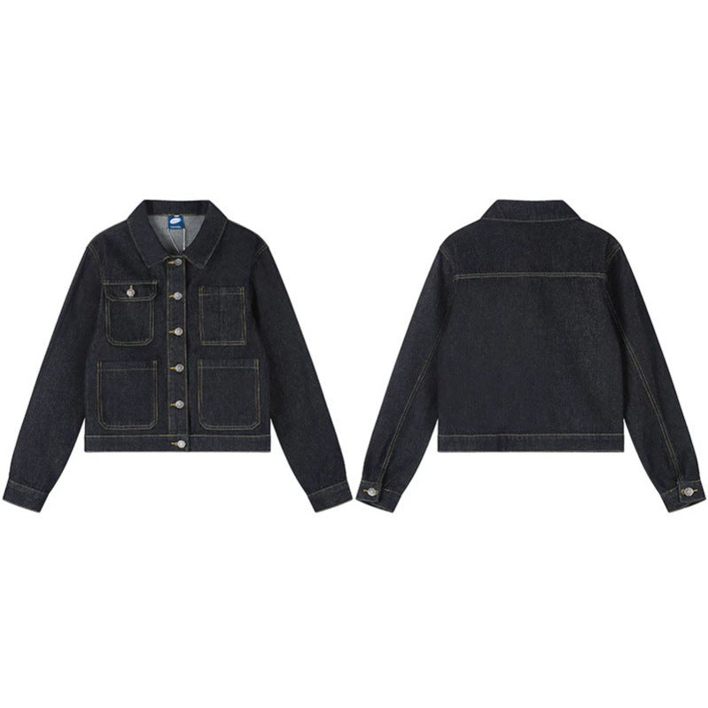 Damen Boxy-Jeansjacke mit aufgesetzten Taschen und sichtbaren Kontrastnähten Drune