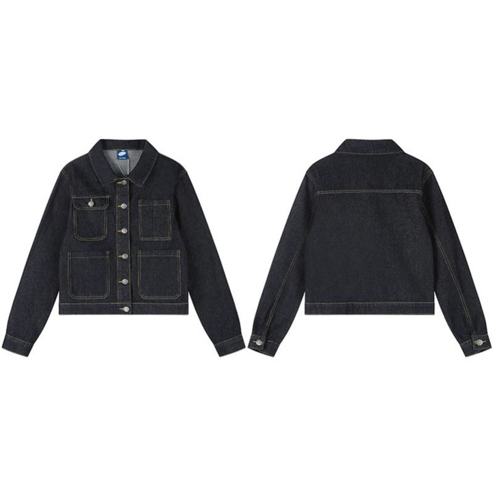 Damen Boxy-Jeansjacke mit aufgesetzten Taschen und sichtbaren Kontrastnähten Drune