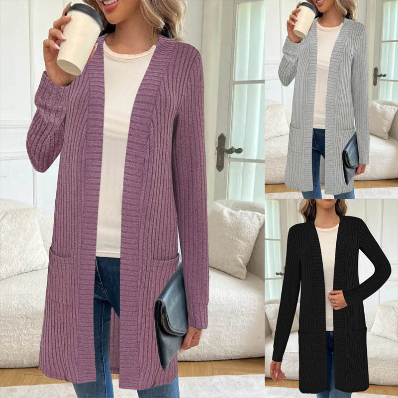 Damen Longline Rippstrick Cardigan mit Taschen Drune