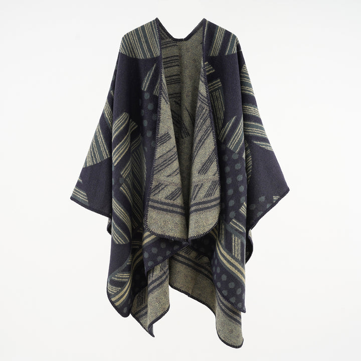 Damen Jacquard‑Ruana mit grafischem Muster und Kettelkante Drune