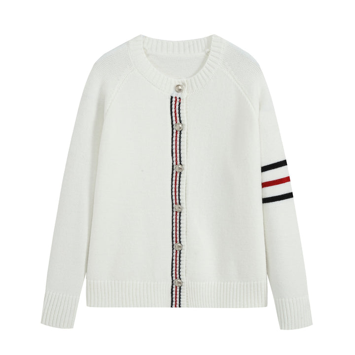 Damen Lässiger Rippstrick‑Cardigan mit Goldknöpfen und sportiven Ärmelstreifen Drune