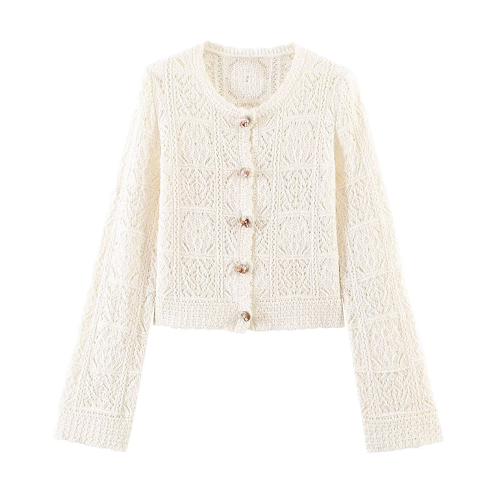 Damen Häkelstrick-Cardigan mit Rundhals, filigranem Lochmuster und Zierknöpfen Drune