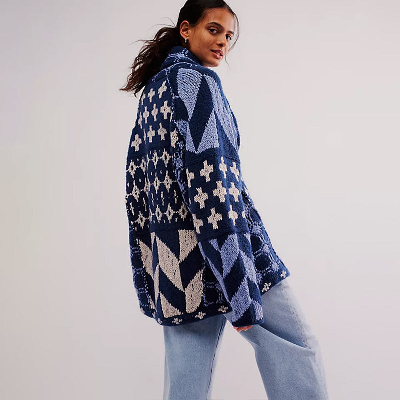 Damen Oversized Strickjacke mit Schalkragen und grafischem Muster Drune