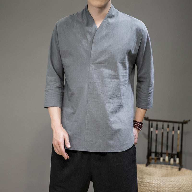 Herren nan modern geschnittene Kimono-Hemdjacke mit V-Kragen und 3/4-Ärmeln Drune