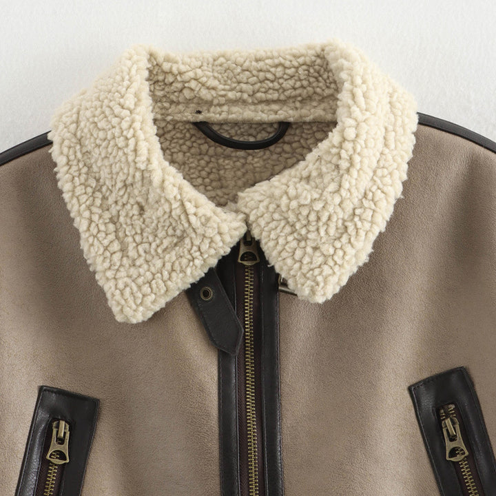 Damen lässige Lederjacke mit Teddyfellkragen und verstellbarem Gürtel Drune