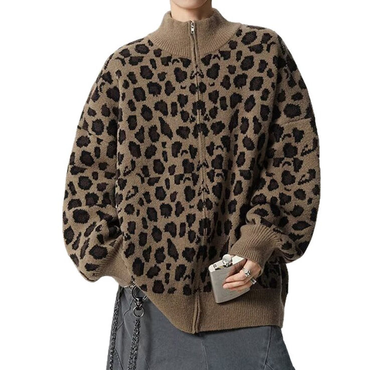 Herren Modische Strickjacke mit Leopardenmuster und hohem Kragen Drune