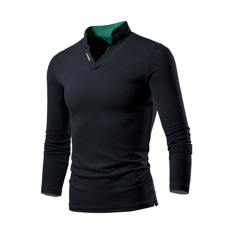 Herren Slim-Fit Langarmshirt mit Stehkragen, offenem V‑Ausschnitt und funktionalem Stretchmaterial Drune
