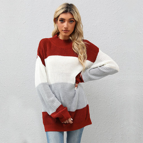Damen Strickpullover mit Blockstreifen und Stehkragen Drune