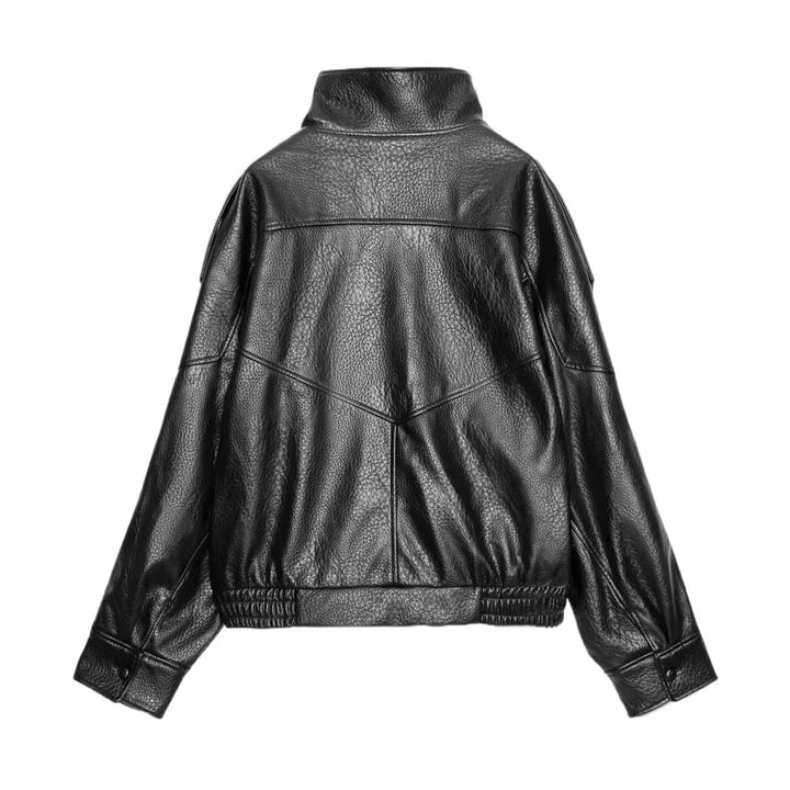 Damen Lederjacke mit hohem Stehkragen und asymmetrischer Druckknopfleiste Drune