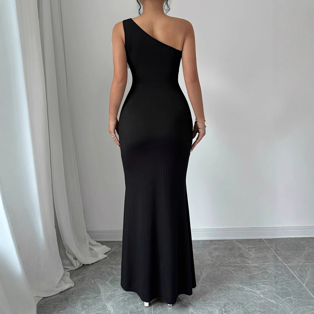 Damen figurbetontes Maxikleid mit asymmetrischem Design und dekorativer Blütenapplikation Drune
