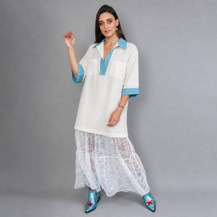 Damen oversized Polo-Tunika mit Kontrastkragen und aufgesetzten Brusttaschen Drune