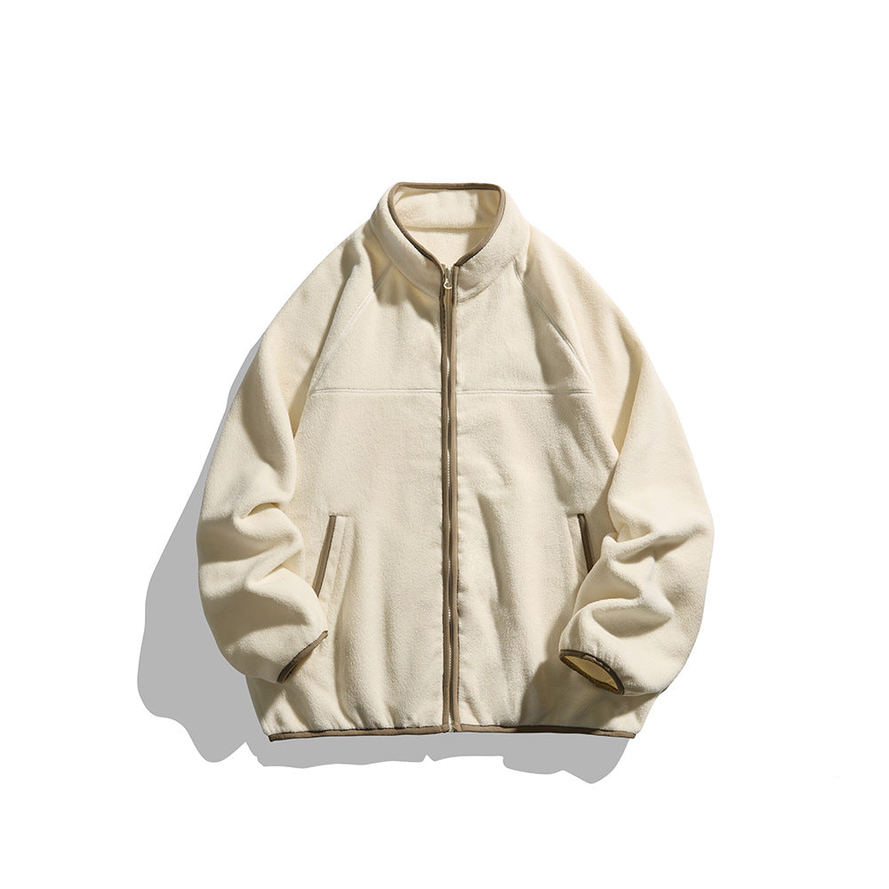 Unisex Oversize Fleecejacke mit Stehkragen, durchgehendem Reißverschluss und Kontrastpaspeln Drune