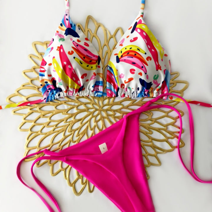 Damen Bikini-Set mit buntem Obstmuster und seitlichem Knoten Drune