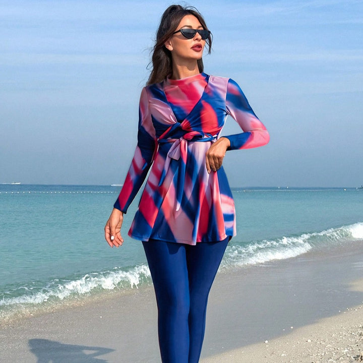 Damen modischer Strandanzug mit langen Ärmeln und femininem Wickeldetail Drune