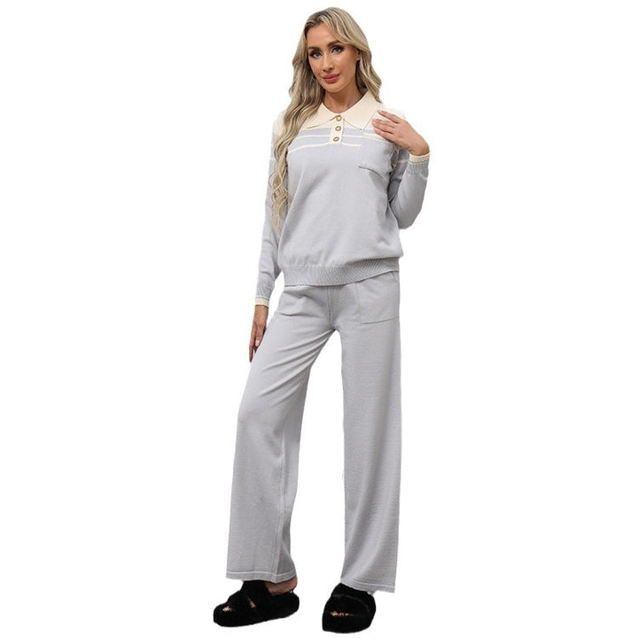 Damen lässiges Strick-Loungewear-Set mit Polokragen und dekorativen Knöpfen Drune