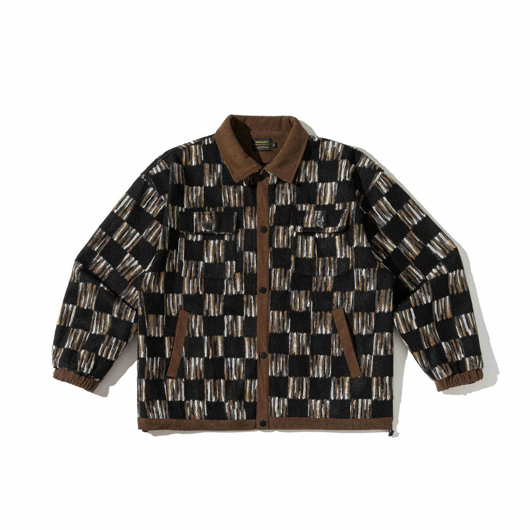 Herren Gemusterte Wollmix Overshirtjacke mit Cordkragen und Pattentaschen Drune